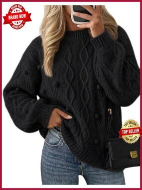 Cable Knit Oversized Pullover Sweater Drop Shoulder Crew Neck